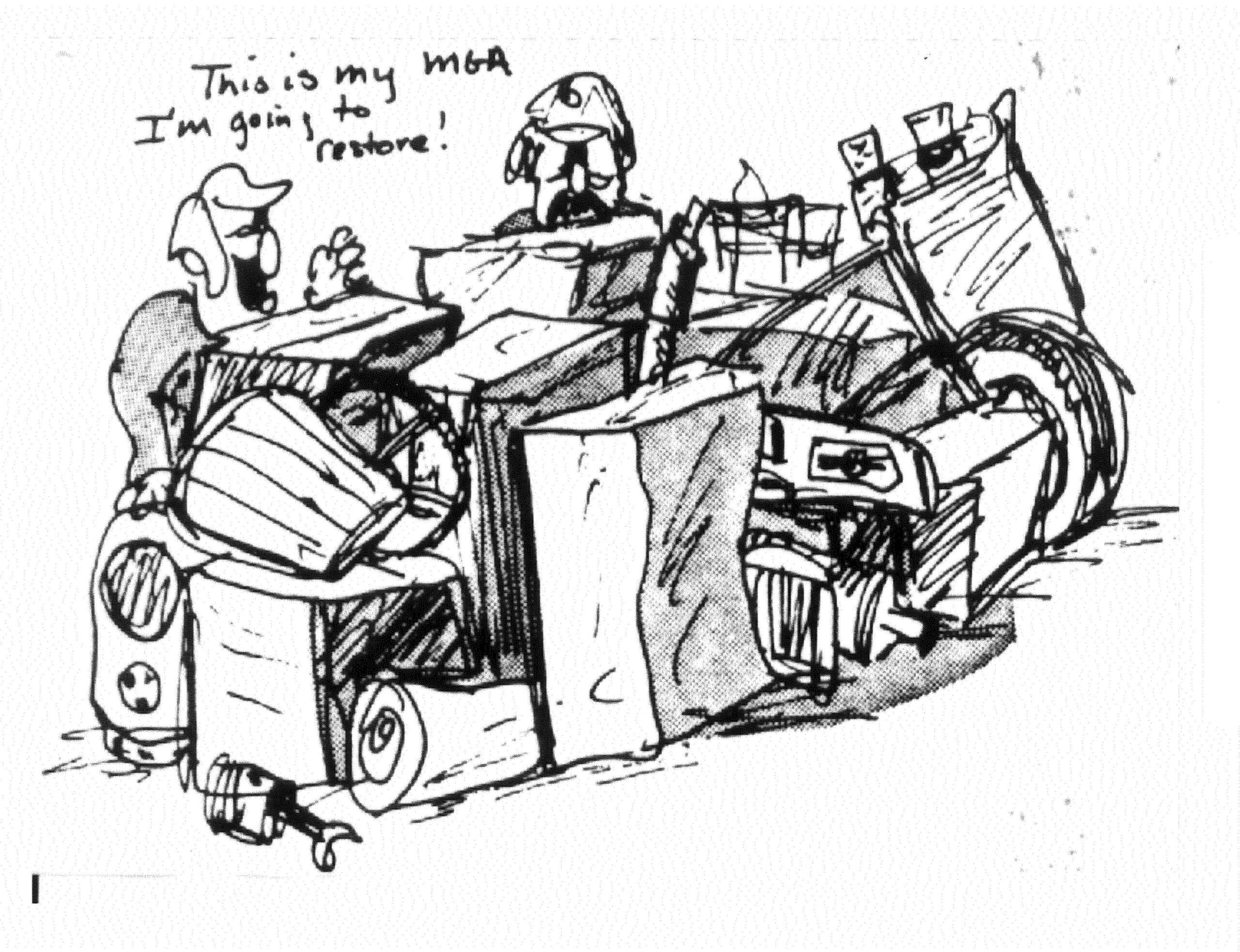 Cartoon of two men and a large pile of car parts